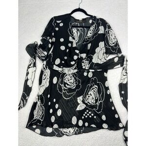 Ashley Stewart Tunic Top 22/24 Plus Floral‎ Polka Dot Sheer Black White Babydoll